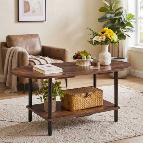 Rustic brown oval coffee table - brown,